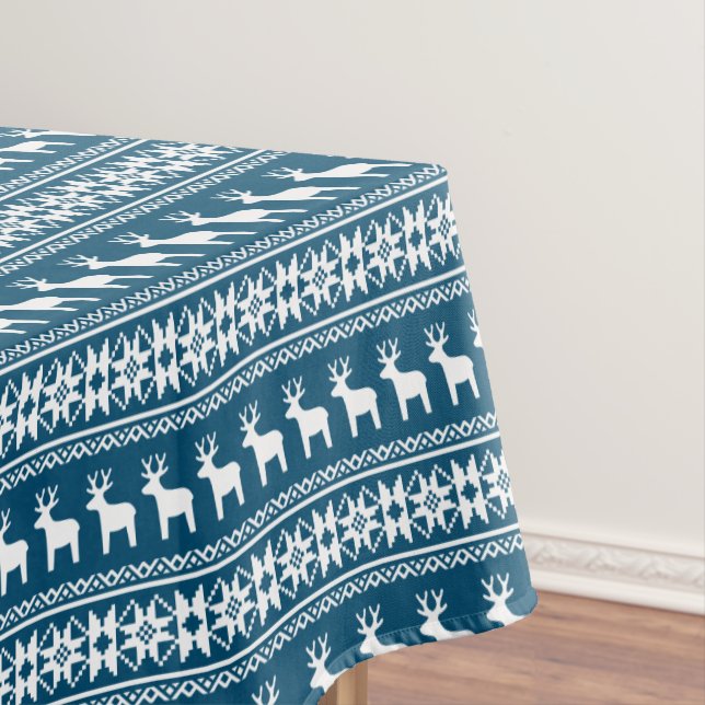 Blue Winter Holiday Snowflake Reindeer Pattern Tablecloth (In Situ)