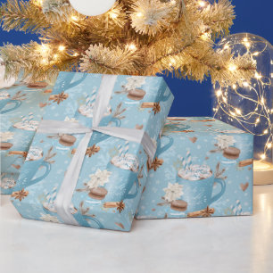 Blue Winter Hot Cocoa & Macaron Pattern Wrapping Paper