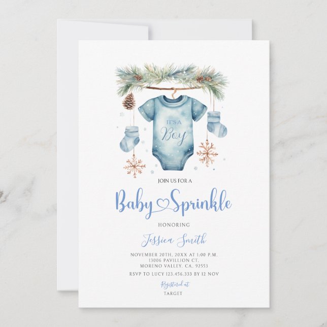Blue Winter It's A Boy Baby Clothes Baby Sprinkle Invitation (Front)