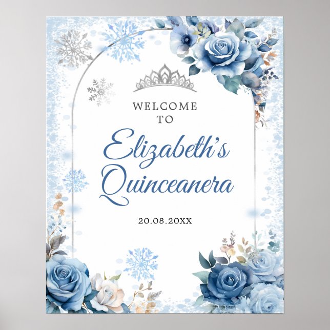 Blue Winter Magical Snowflake Quinceanera Welcome Poster (Front)