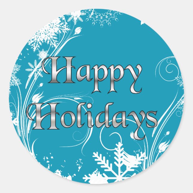 Blue Winter Meadow - Happy Holidays Classic Round Sticker (Front)