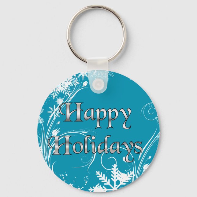 Blue Winter Meadow - Happy Holidays Key Ring (Front)