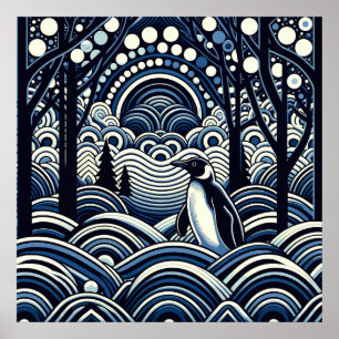 Blue Winter Midnight King Penguin Abstract Forest  Poster