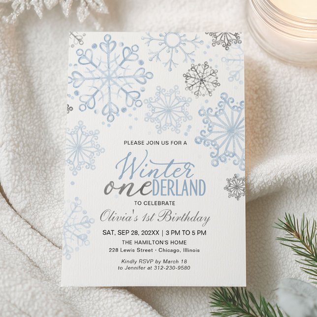 Blue Winter Onederland 1st Birthday Snowflake Invitation (Creator Uploaded)