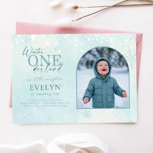 Blue Winter ONEderland Arch Photo First Birthday Invitation
