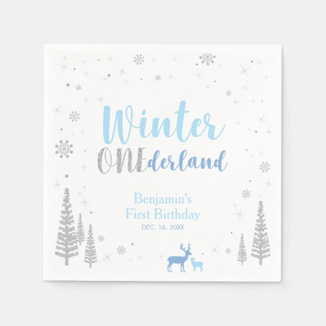 Blue Winter Onederland Boy 1st Birthday Party Napkin (Front)