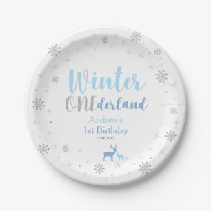 Blue Winter Onederland Boy 1st Birthday Party Paper Plate