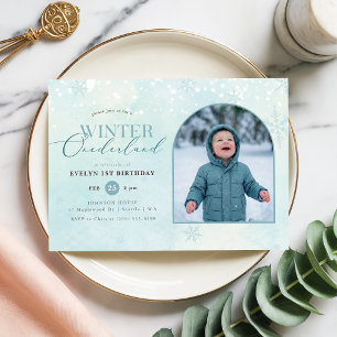 Blue Winter Onederland First Birthday Arch Photo Invitation
