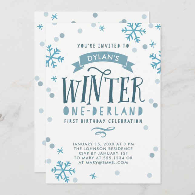 Blue Winter Onederland First Birthday Party Invitation (Front/Back)