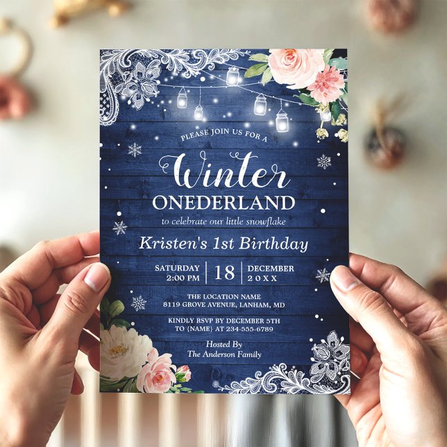 Blue Winter Onederland Floral Baby First Birthday Invitation (Creator Uploaded)