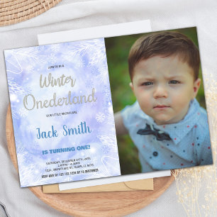 Blue Winter ONEderland Invitations Silver Photo