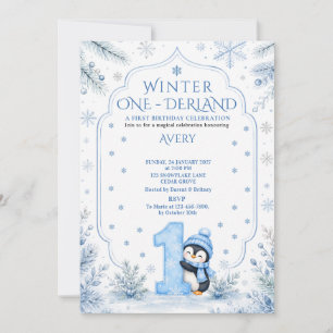 Blue Winter ONEderland Penguin Snowflake Birthday Invitation