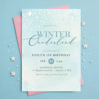 Blue Winter Onederland Snowflake First Birthday Invitation