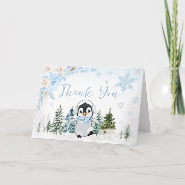 Blue Winter Penguin Baby Shower  Thank You Card (Front)