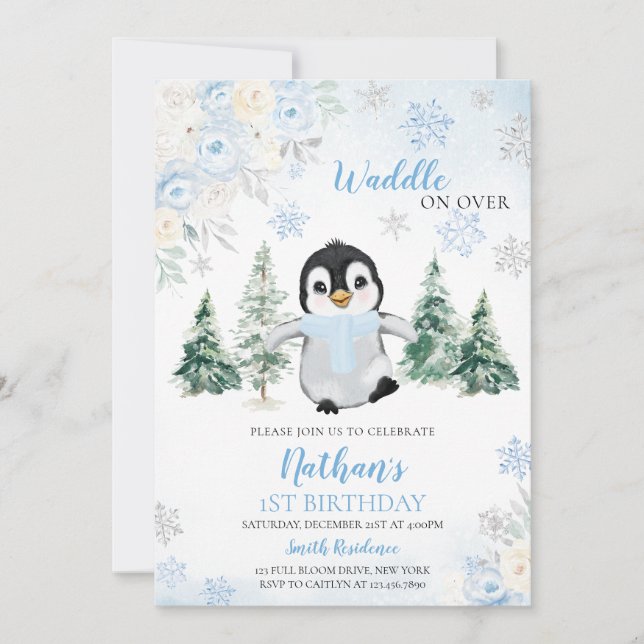 Blue Winter Penguin Birthday Party Invitation (Front)