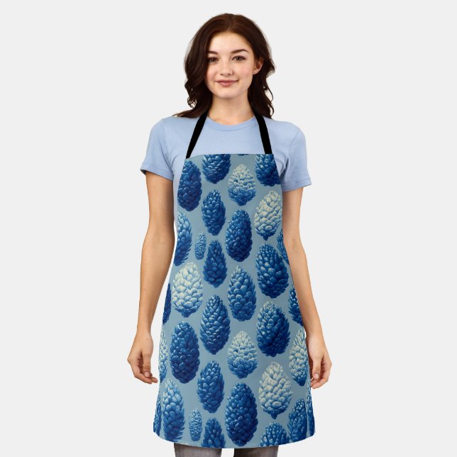 Blue Winter Pine Cone Pattern Apron (Worn)