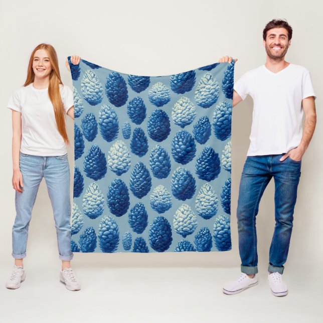 Blue Winter Pine Cone Pattern Fleece Blanket (In Situ)