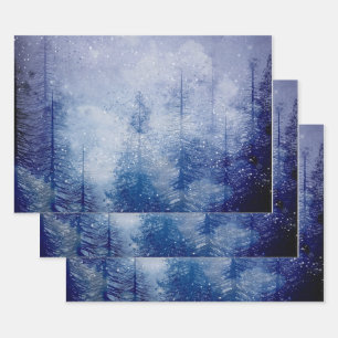 Blue Winter Pine Tree Forest Wrapping Paper Sheet