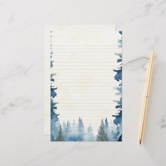 Blue winter pine trees lined stationery (Front/Back In Situ)