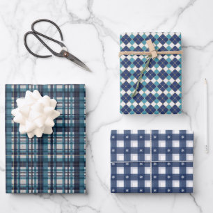Blue Winter Plaid Assortment Wrapping Paper Sheet