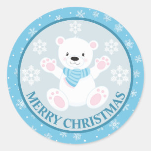 Blue Winter Polar Bear and Snowflakes Christmas Classic Round Sticker