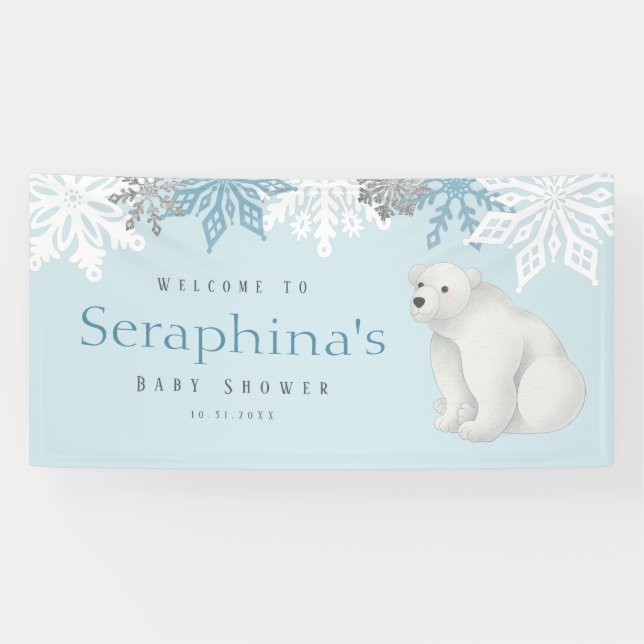 Blue Winter Polar Bear Baby Shower Banner (Horizontal)