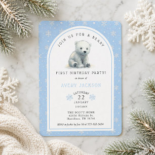 Blue Winter Polar Bear Beary 1st Birthday Party Invitation