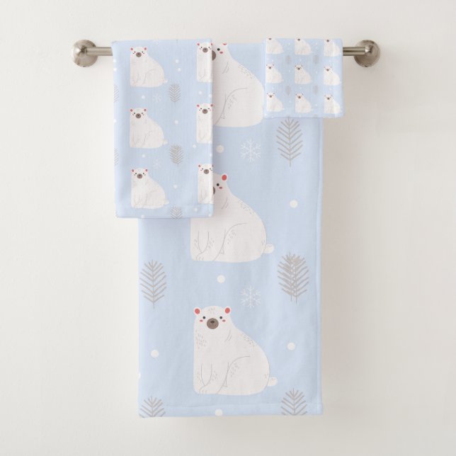 Blue Winter Polar Bear Pattern Nursery Decor Bath Towel Set (Insitu)