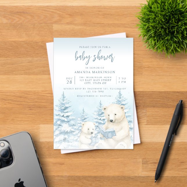 Blue Winter Polar Bear Watercolor Baby Shower Acrylic Invitations (Insitu (Invitation Card))