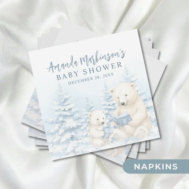Blue Winter Polar Bear Watercolor Baby Shower Napkin (Creator Uploaded)