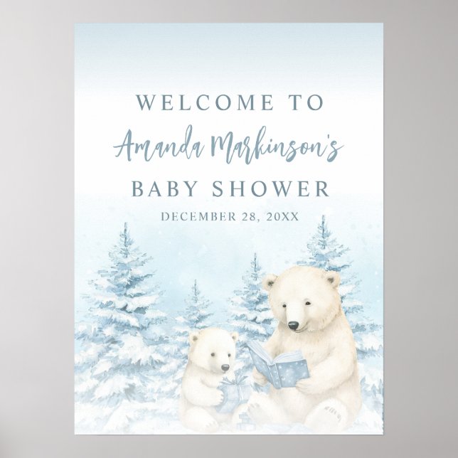 Blue Winter Polar Bear Watercolor Welcome Sign (Front)