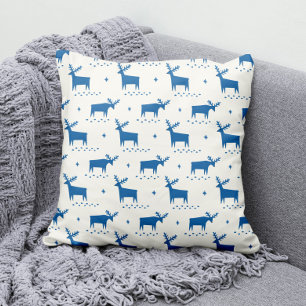 Blue Winter Reindeer   Modern Christmas Pattern Cushion