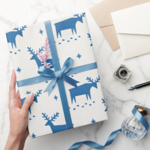 Blue Winter Reindeer   Modern Christmas Pattern Wrapping Paper