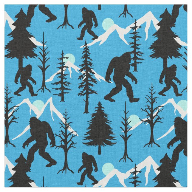 Blue Winter Sasquatch and Pine Trees Pattern Fabric (Close Up)