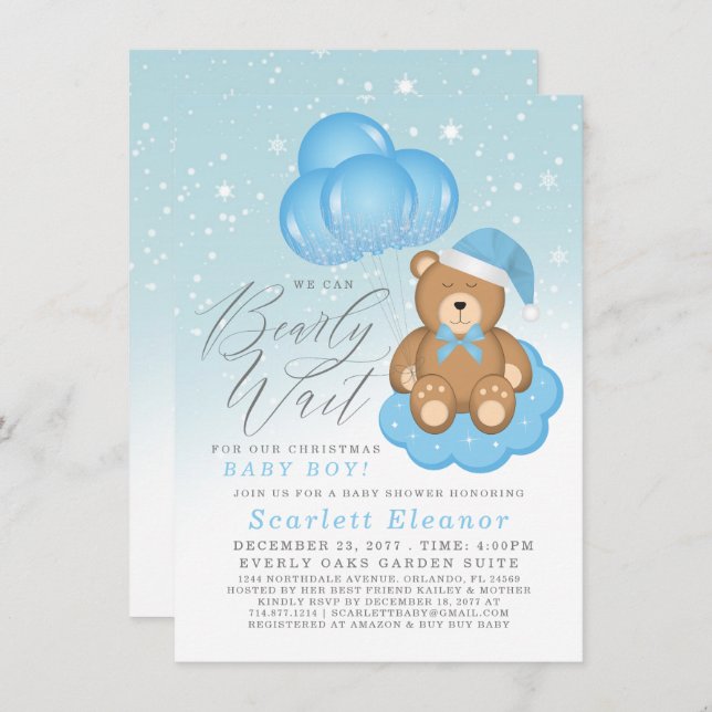 Blue Winter Sleepy Bear Balloons Boy Baby Shower Invitation (Front/Back)