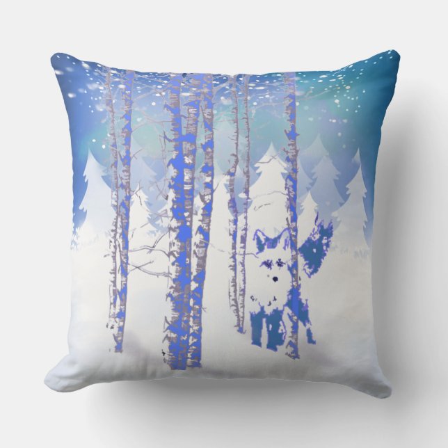 Blue Winter Snow Forest Fox Animal Cushion (Front)