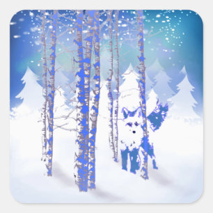 Blue Winter Snow Forest Fox Animal Square Sticker