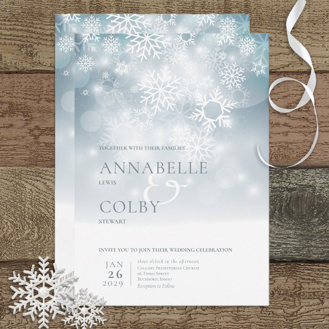 Blue Winter Snow Modern Wedding Invitation (Creator Uploaded)