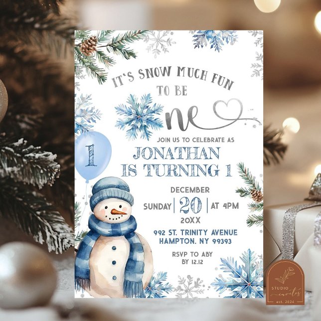 Blue Winter Snow Much Fun First Birthday Invitation (Creator Uploaded)