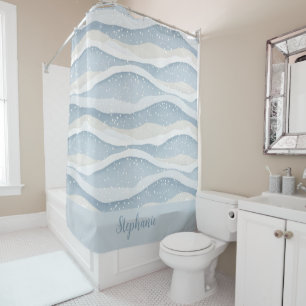 Blue Winter  Snowfall Monogram Wave  Shower Curtain