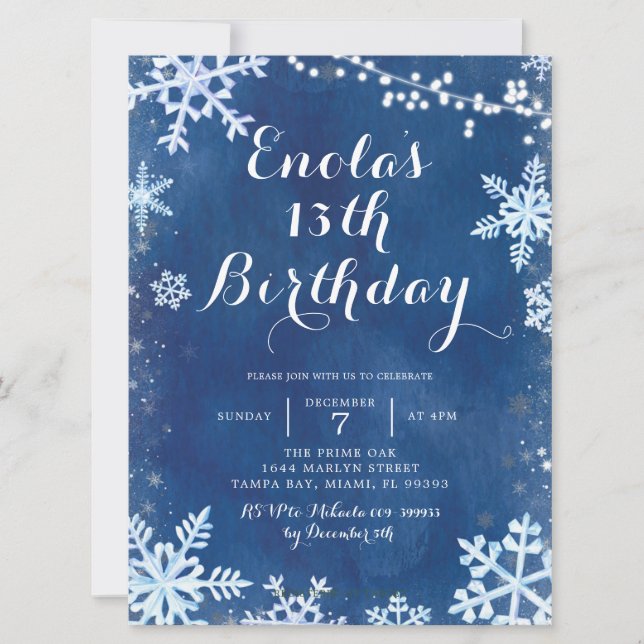 Blue Winter Snowflake Birthday party Invitation (Front)