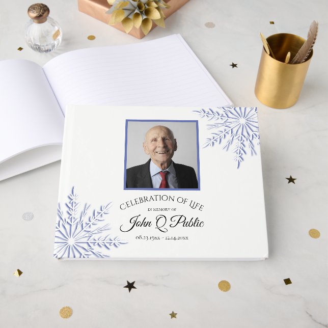 Blue Winter Snowflake Celebration of Life Memorial Guest Book (Front Open)
