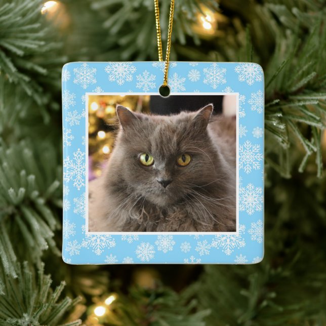 Blue Winter Snowflake Custom Pet Photo Christmas Ceramic Ornament (Tree)