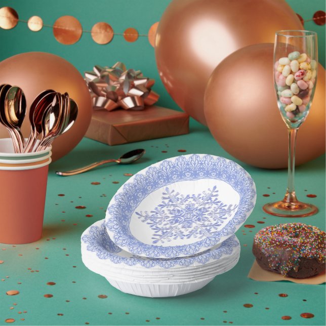Blue Winter Snowflake Lace Edge Paper Plate (Multi)