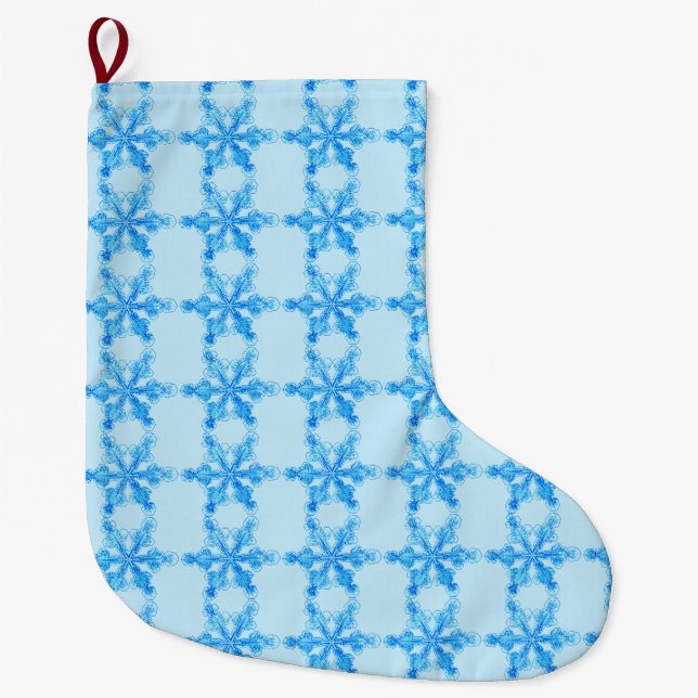 Blue Winter Snowflake Large Christmas Stocking (Front)