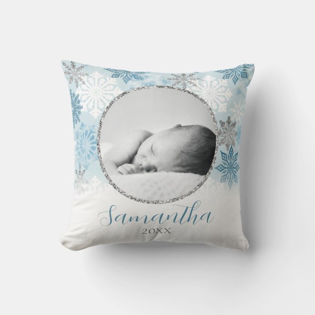 Blue Winter Snowflake Personalised Baby Photo Cushion (Front)