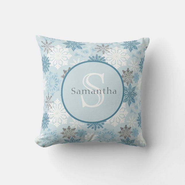 Blue Winter Snowflake Personalised Monogram Cushion (Front)