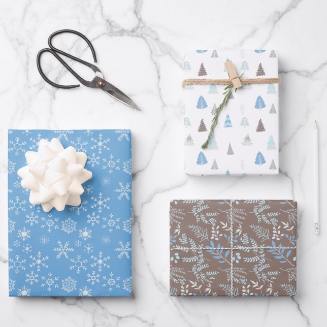 Blue Winter Snowflakes Christmas Trees Wrapping Paper Sheet (Front)