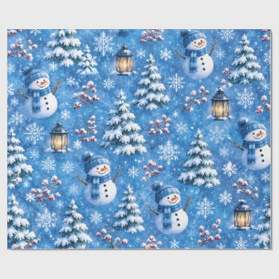 Blue Winter Snowman Christmas Snowflake Wrapping Paper
