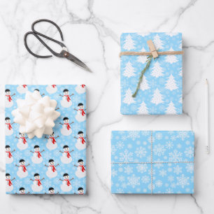 Blue Winter Snowman Trees and Snowflakes Wrapping Paper Sheet